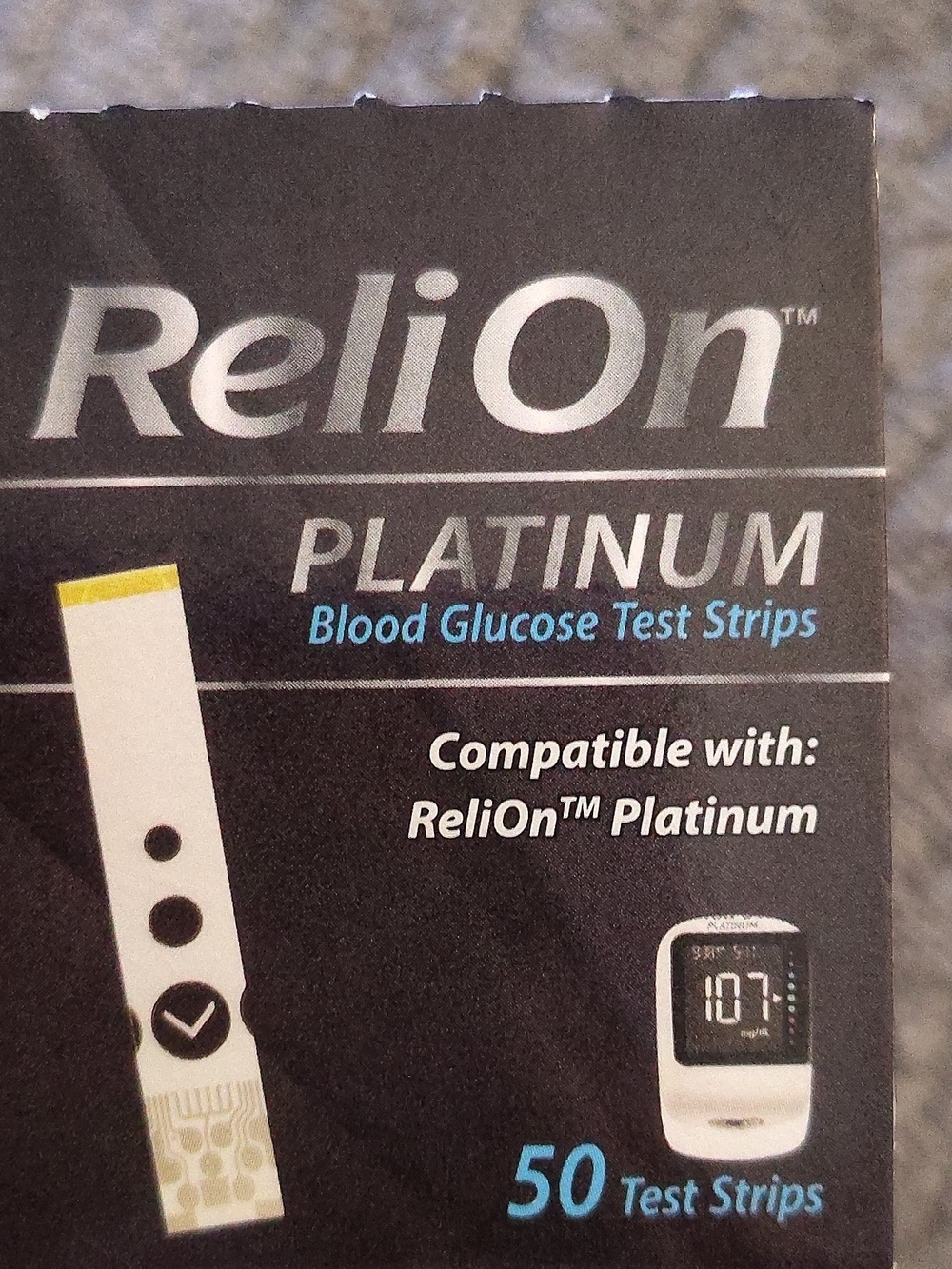 ReliOn Platinum Blood Glucose Test Strips - Black with White & Blue Accents